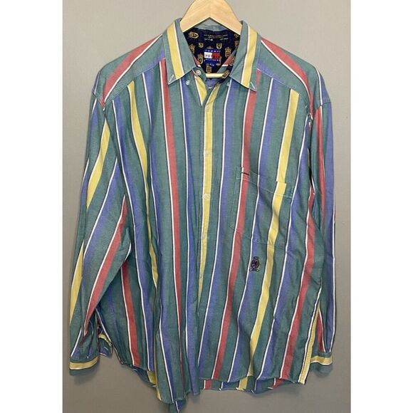 VTG 90s Tommy Hilfiger Striped Button LS Shirt Crest Embroidery Men’s Medium 80s - Picture 1 of 9